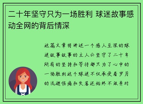 二十年坚守只为一场胜利 球迷故事感动全网的背后情深