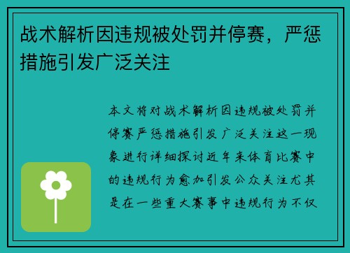 战术解析因违规被处罚并停赛，严惩措施引发广泛关注