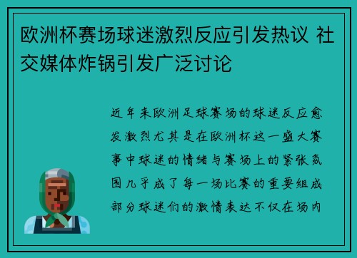 欧洲杯赛场球迷激烈反应引发热议 社交媒体炸锅引发广泛讨论